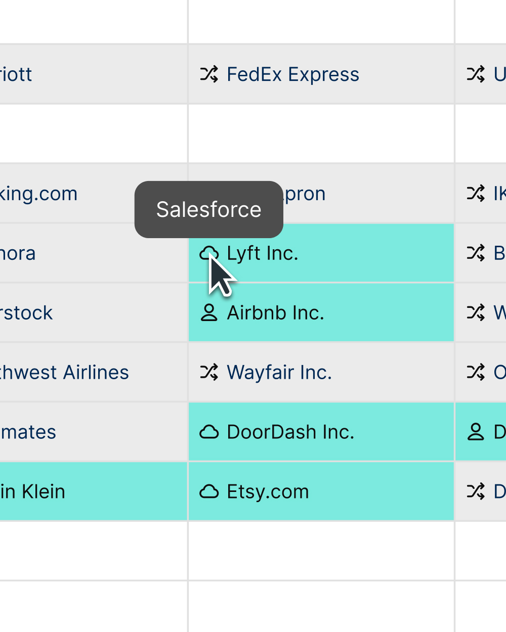 Hovering the cloud icon on a partner cell shows a Salesforce tooltip