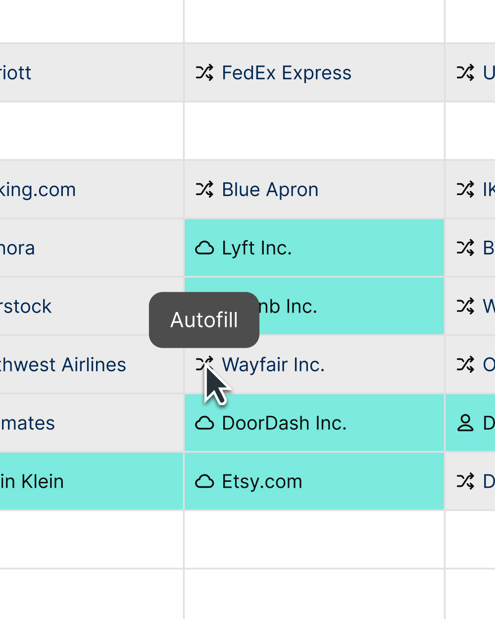 Hovering the shuffle icon on a partner cell shows an Autofill tooltip